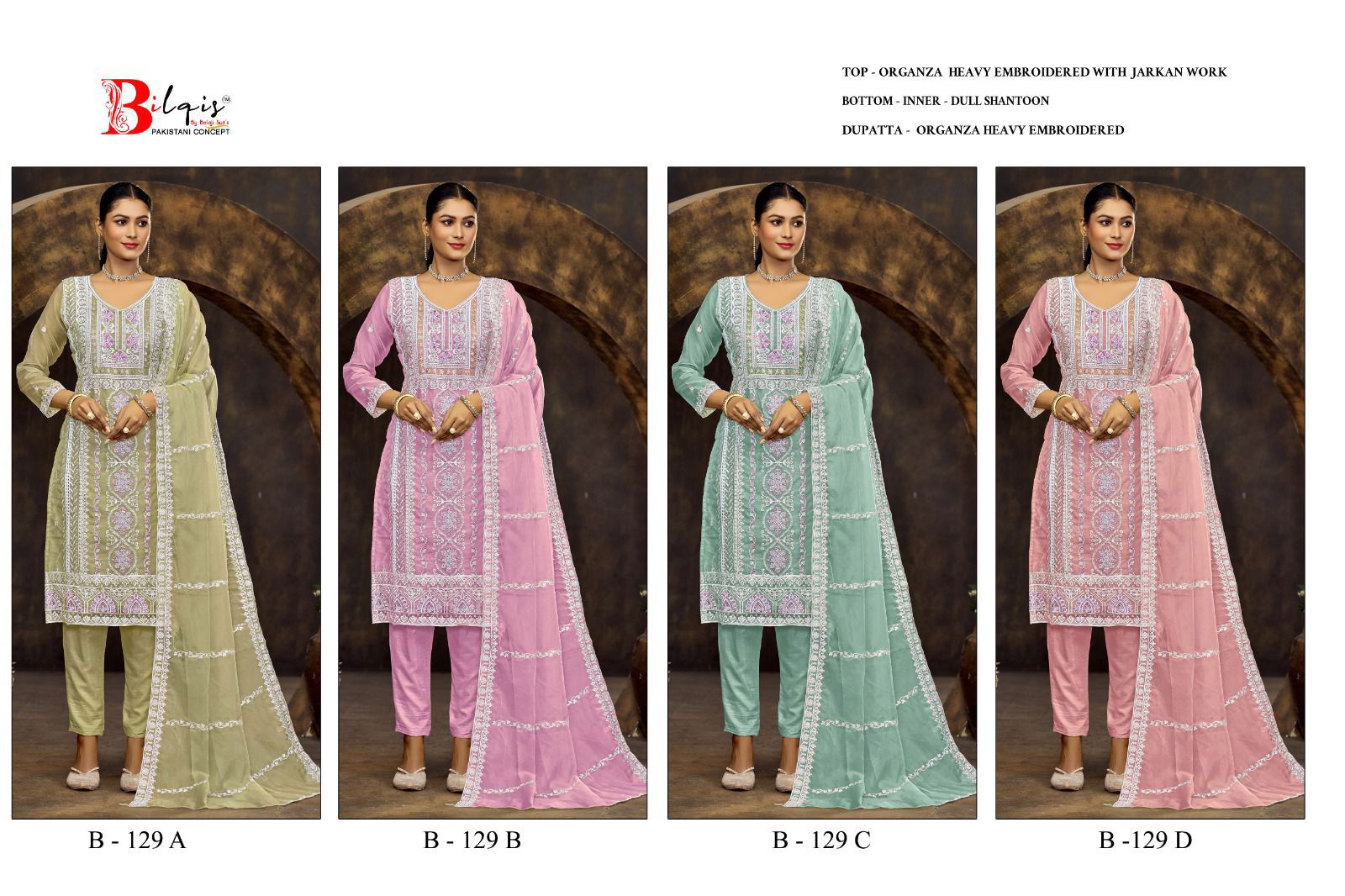 Bilqis B 129 A To D Organza Pakistani Suits Wholesale Shop In Surat